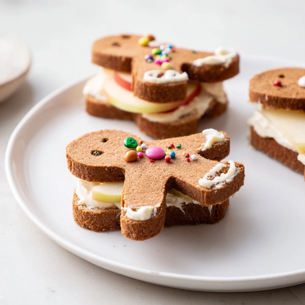 These whimsical gingerbread man sandwich cutouts are decorated with raisins, perfect for festive kids' parties.