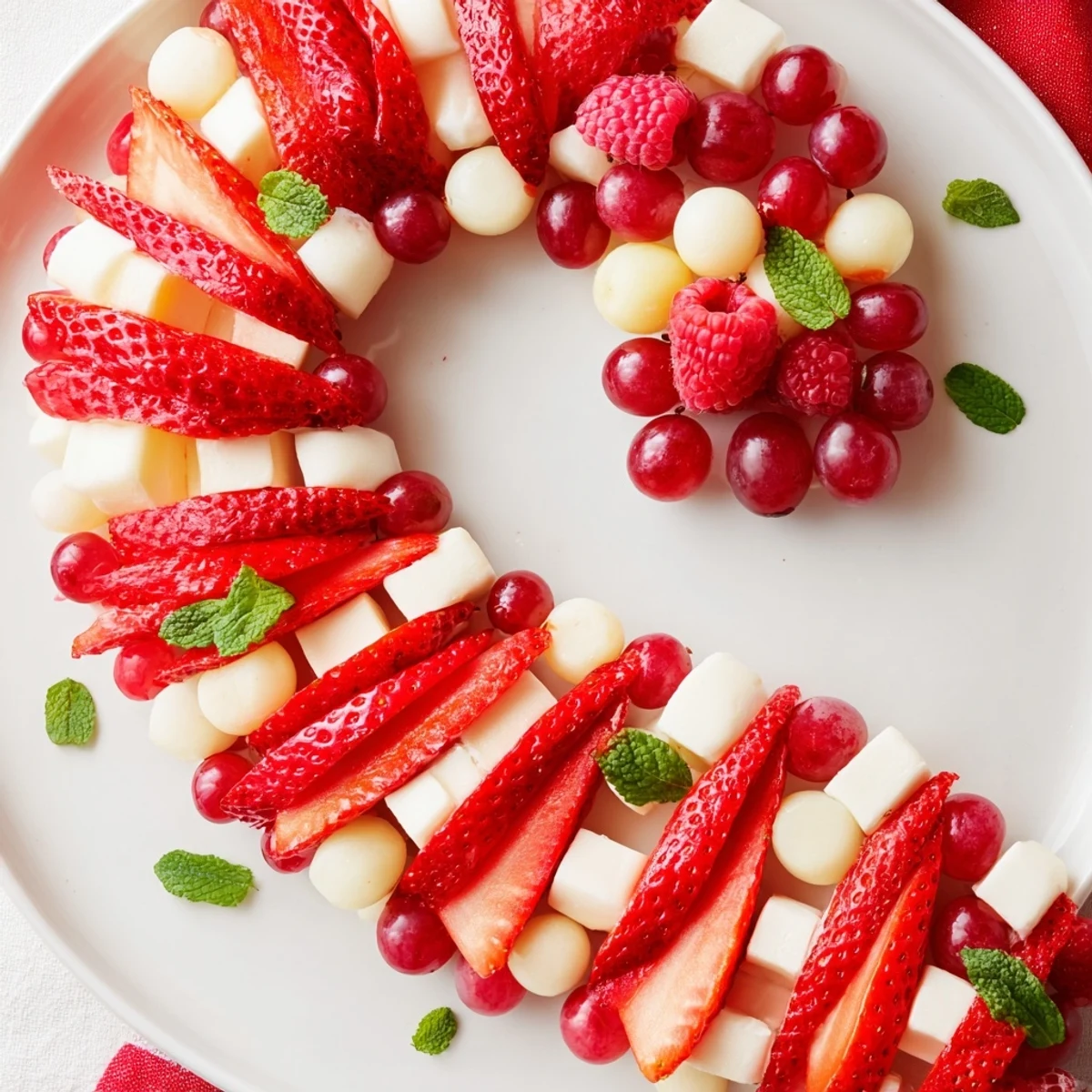 Close-up of a colorful Candy Cane Stripe Fruit and Cheese display perfect for holiday entertaining.