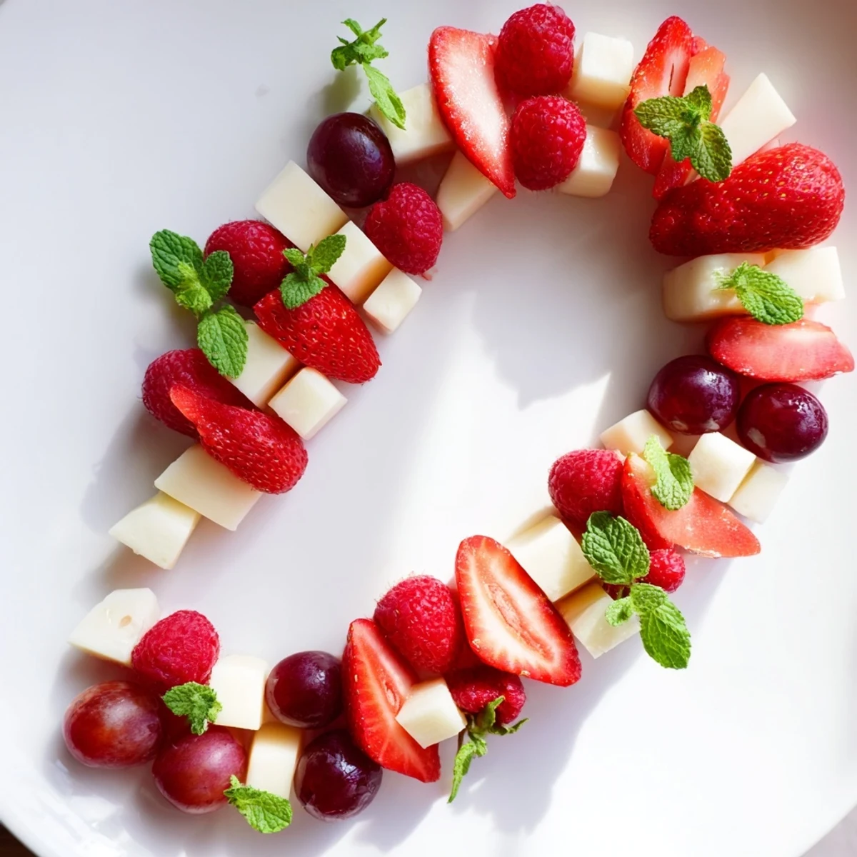 Festive Candy Cane Stripe Fruit and Cheese appetizer: strawberries, raspberries, and cheese cubes arranged beautifully.