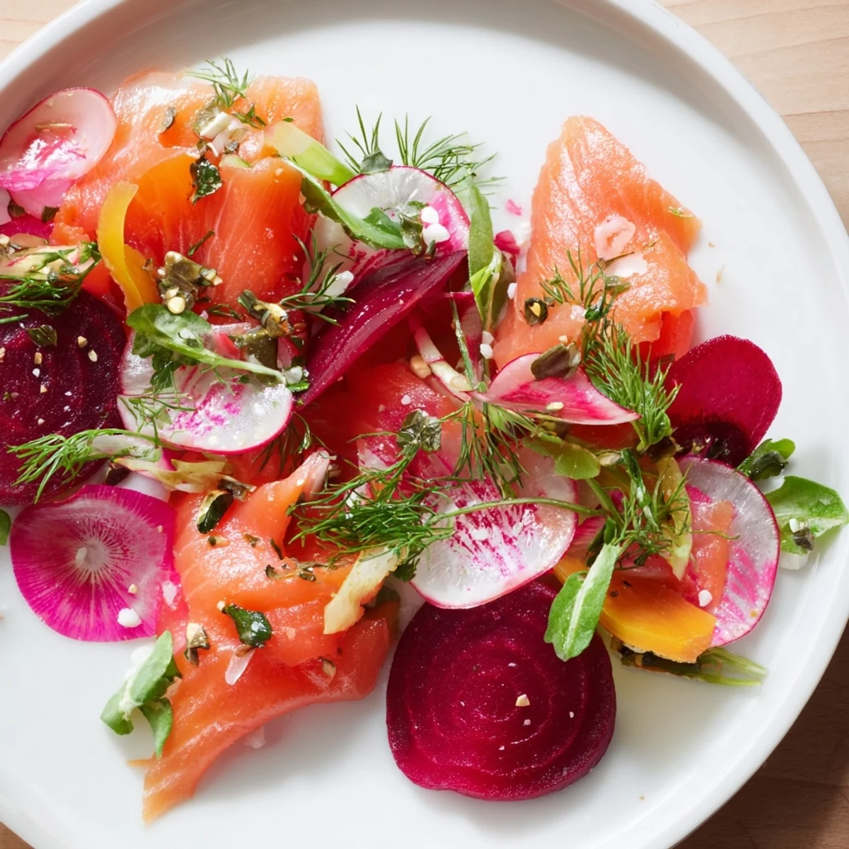 A beautifully arranged Winter Harvest Smoked Salmon Board with colorful roasted vegetables and creamy cheeses.