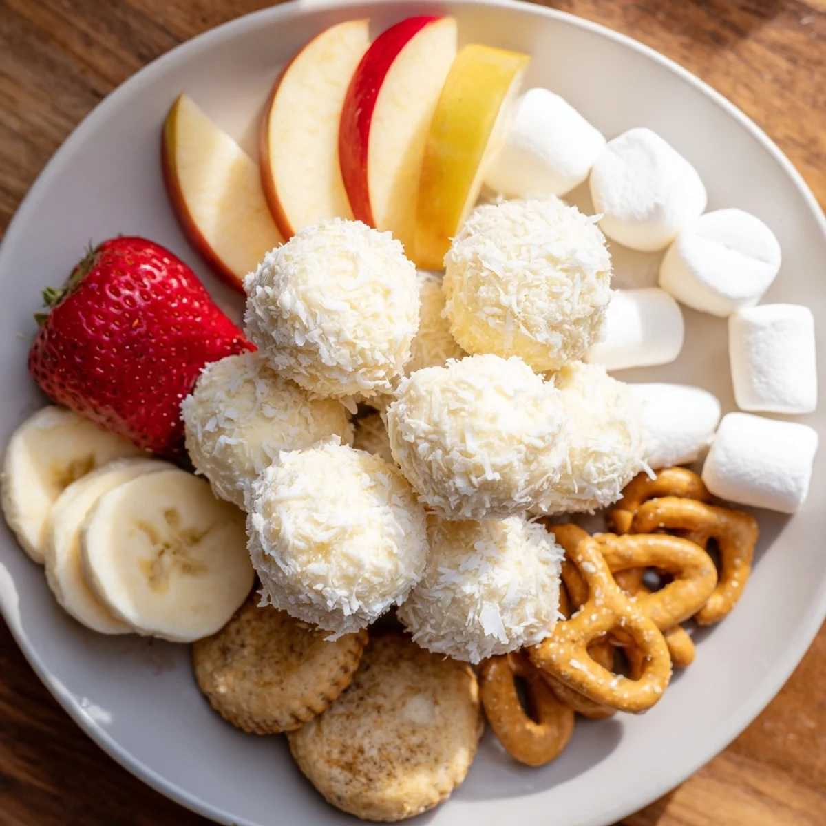 Creamy Marshmallow Snowball Dip Platter, perfect for dipping fruits and pretzels, ready to serve and enjoy.