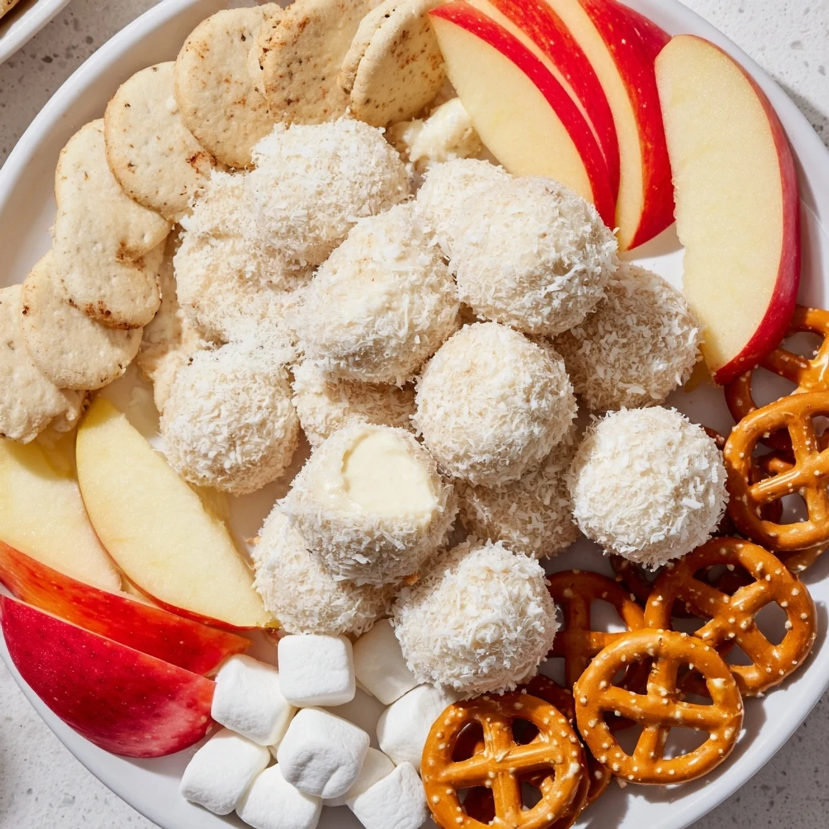 A delicious, festive Marshmallow Snowball Dip Platter with coconut-covered snowballs and fruit for dipping.