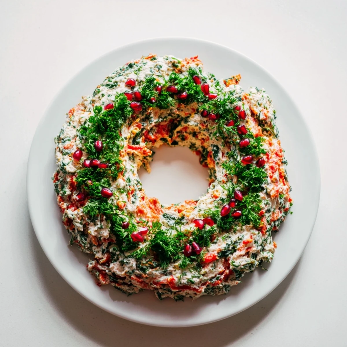Vibrant Red Pepper and Spinach Dip Wreath, garnished with parsley and pomegranate, ideal for a party.