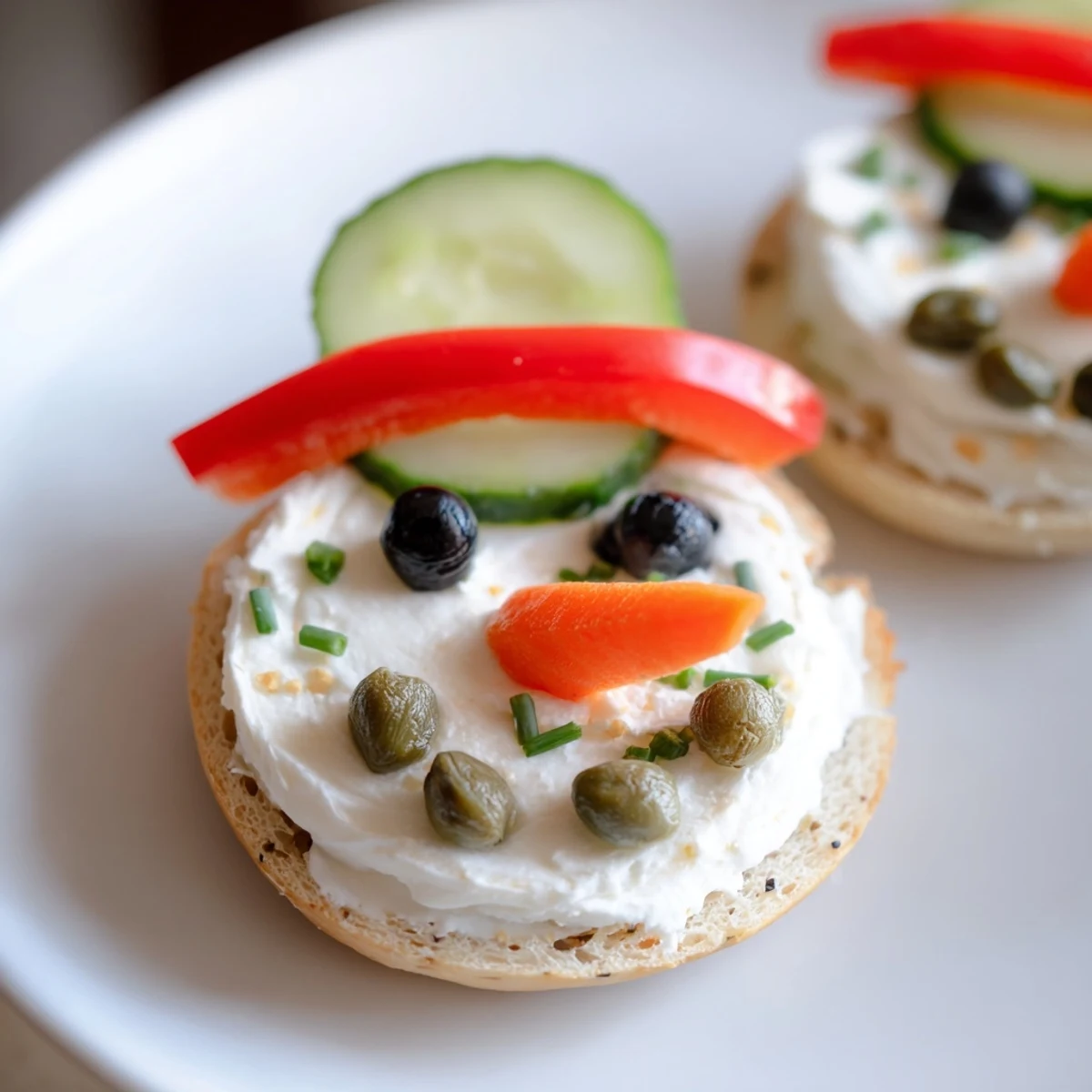 Snowman mini bagel sandwiches with smiling faces, a fun and festive holiday lunch idea.