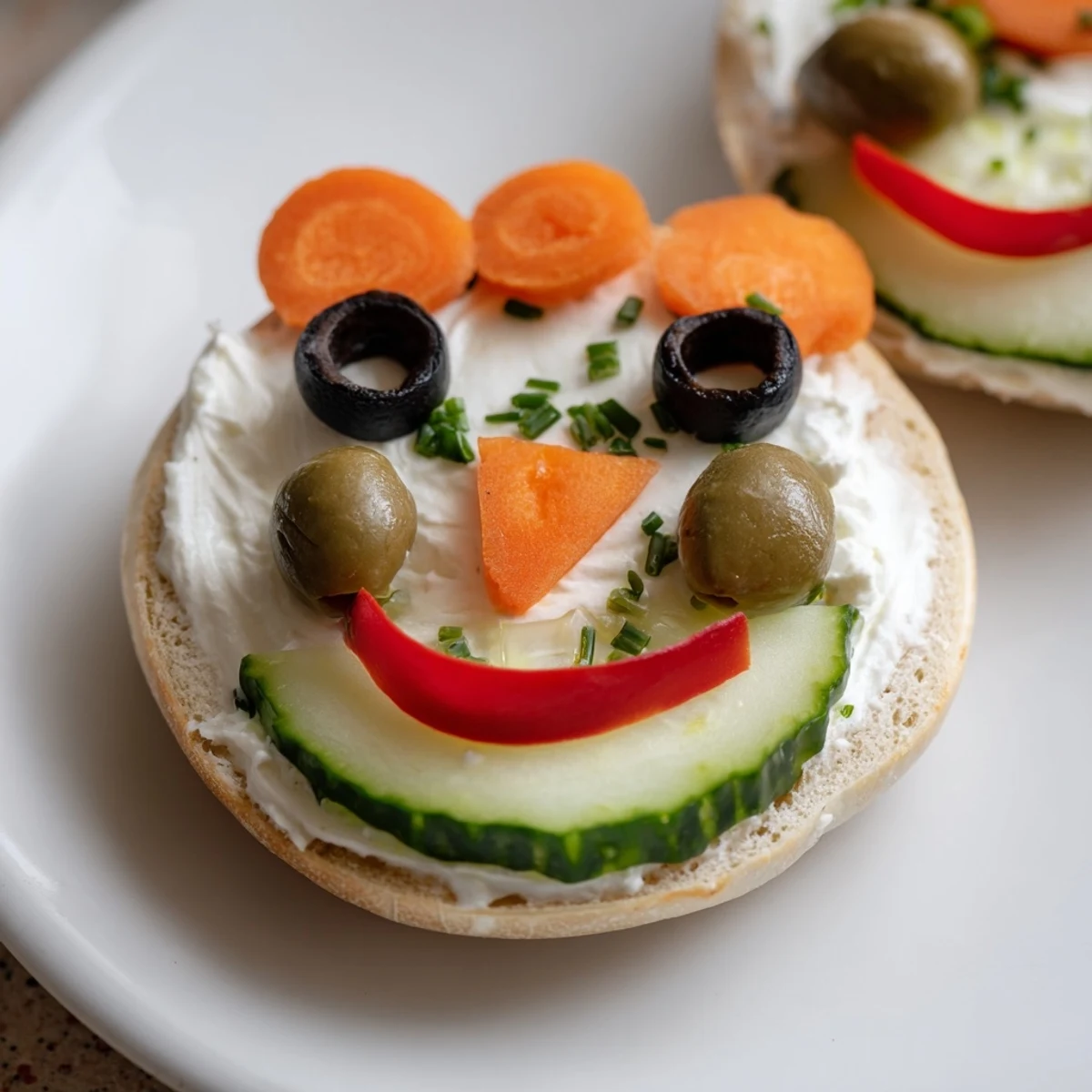 A close-up of delicious snowman mini bagel sandwiches, ready to eat for a playful, kid-friendly snack.