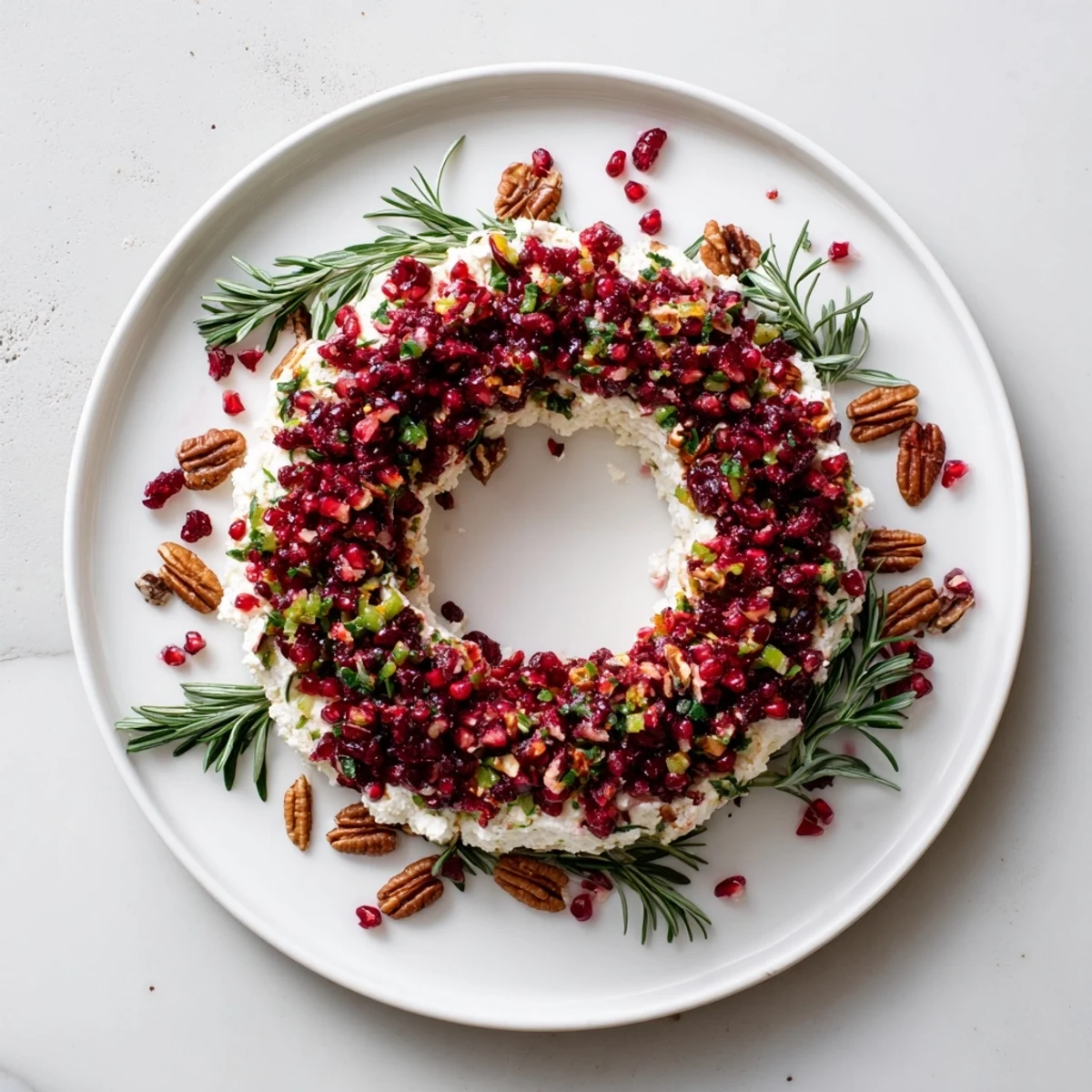 Vibrant Cranberry Feta Dip Wreath, studded with pecans and rosemary, offers a delightful holiday appetizer.