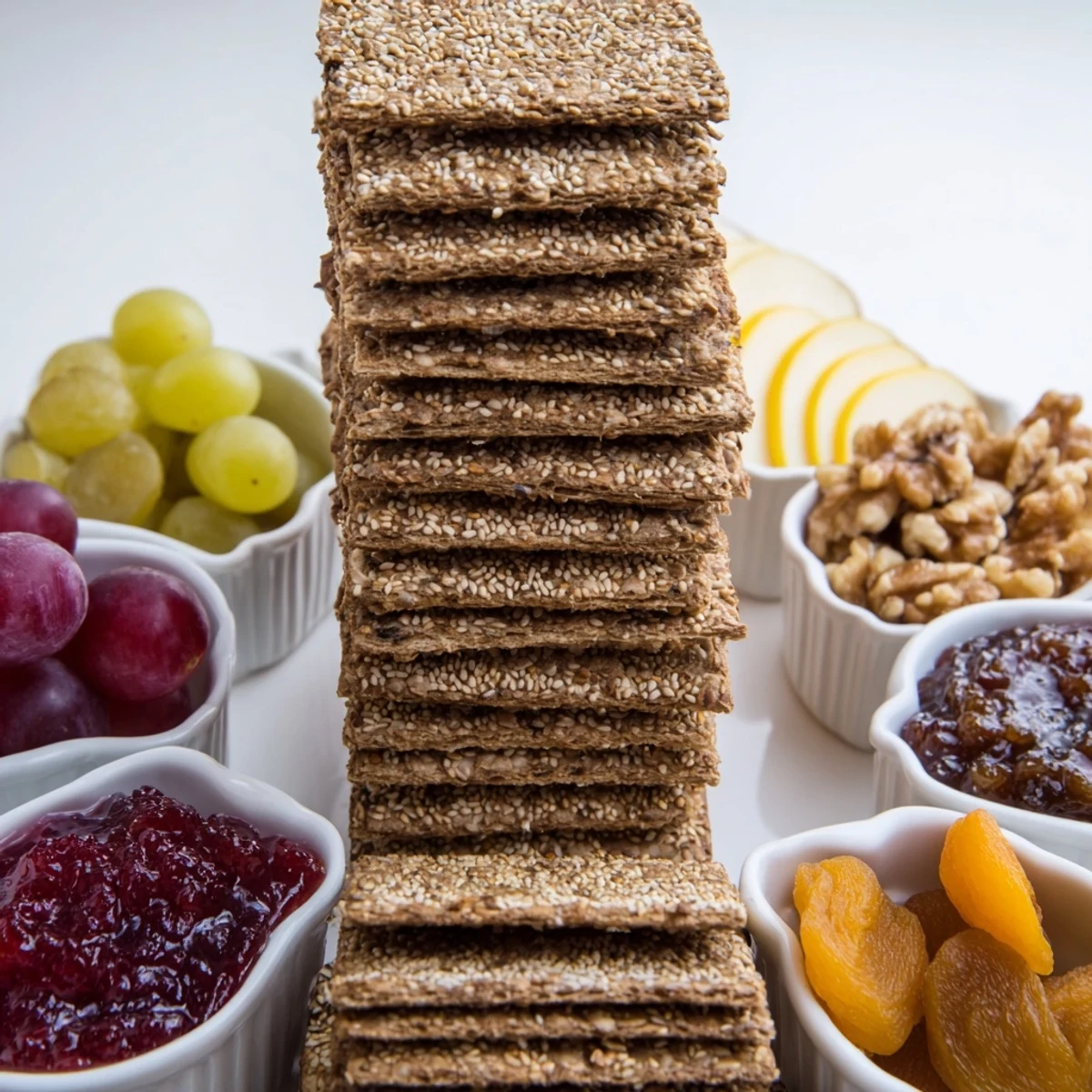 A delightful assortment of Gourmet Crackers stacked high, ready to pair with sweet preserves and cheeses.
