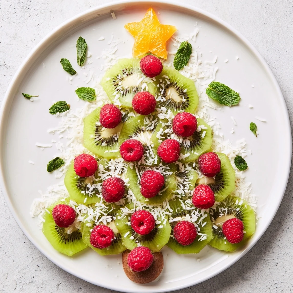 Kiwi and raspberry Christmas tree platter: vibrant kiwi slices and ruby red raspberries create a festive fruit display.