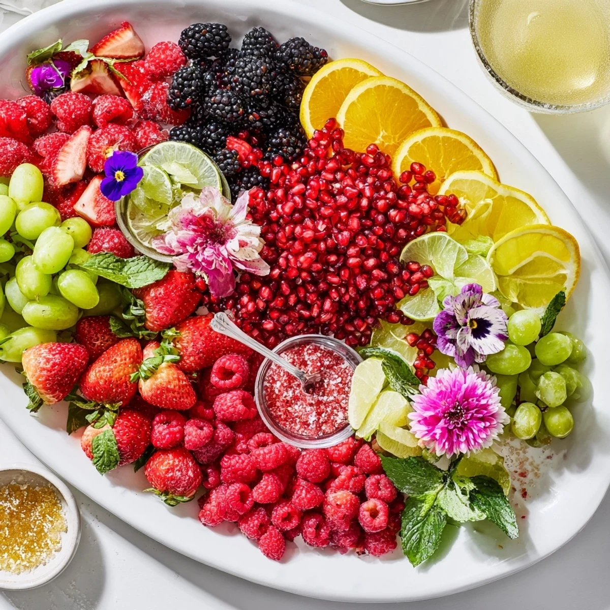 A colorful Bubbly Bar Garnish Platter overflowing with juicy fruits, herbs, offering bubbly cocktail inspiration.