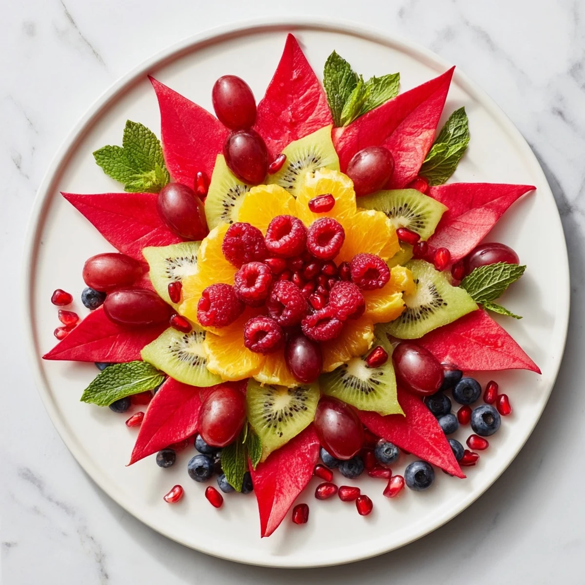 Festive Poinsettia Fruit Bowl featuring vibrant red berries is ready to serve for your holiday brunch.