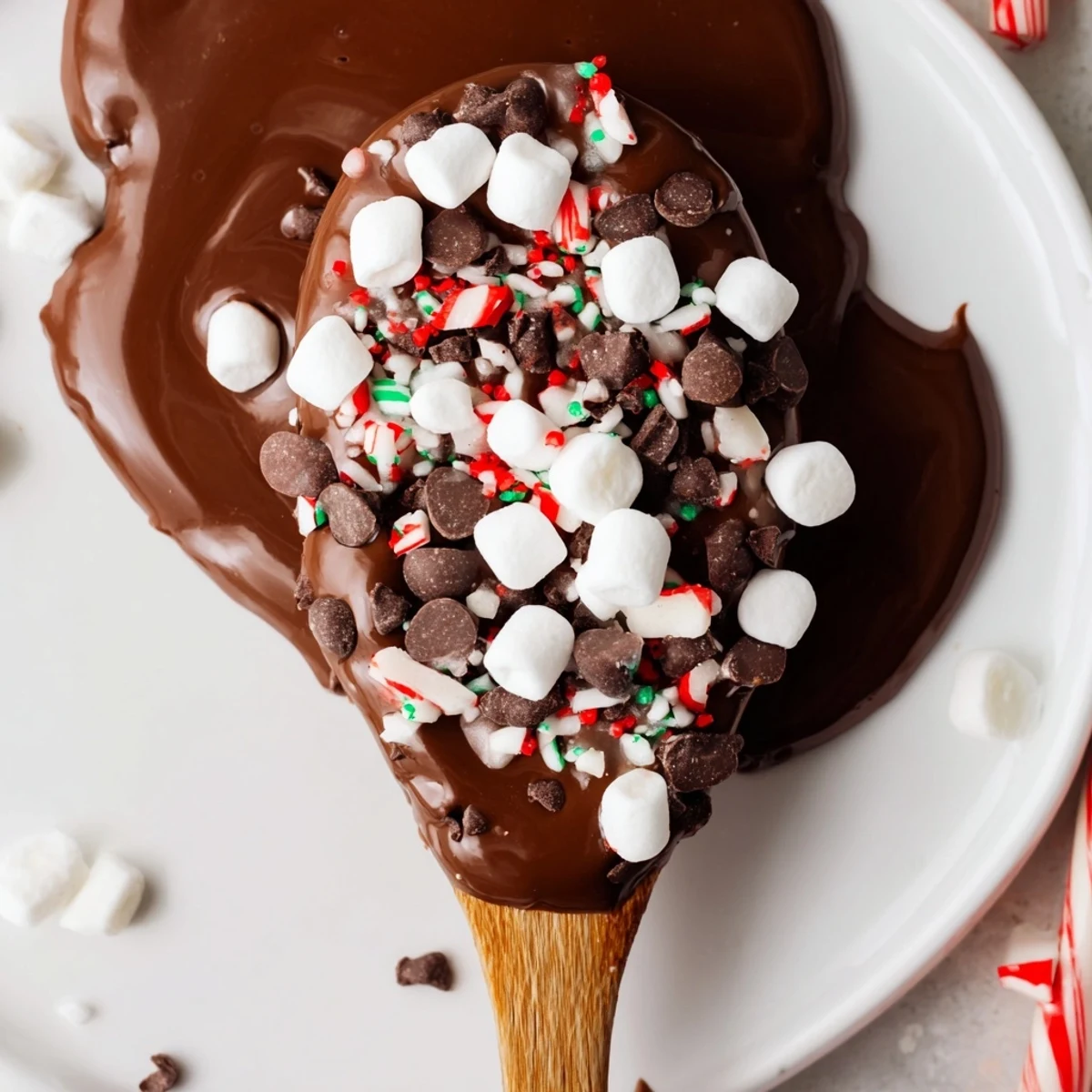 Decadent hot chocolate spoon toppings board, boasting colorful marshmallows, crunchy peppermint, and chocolate chips.