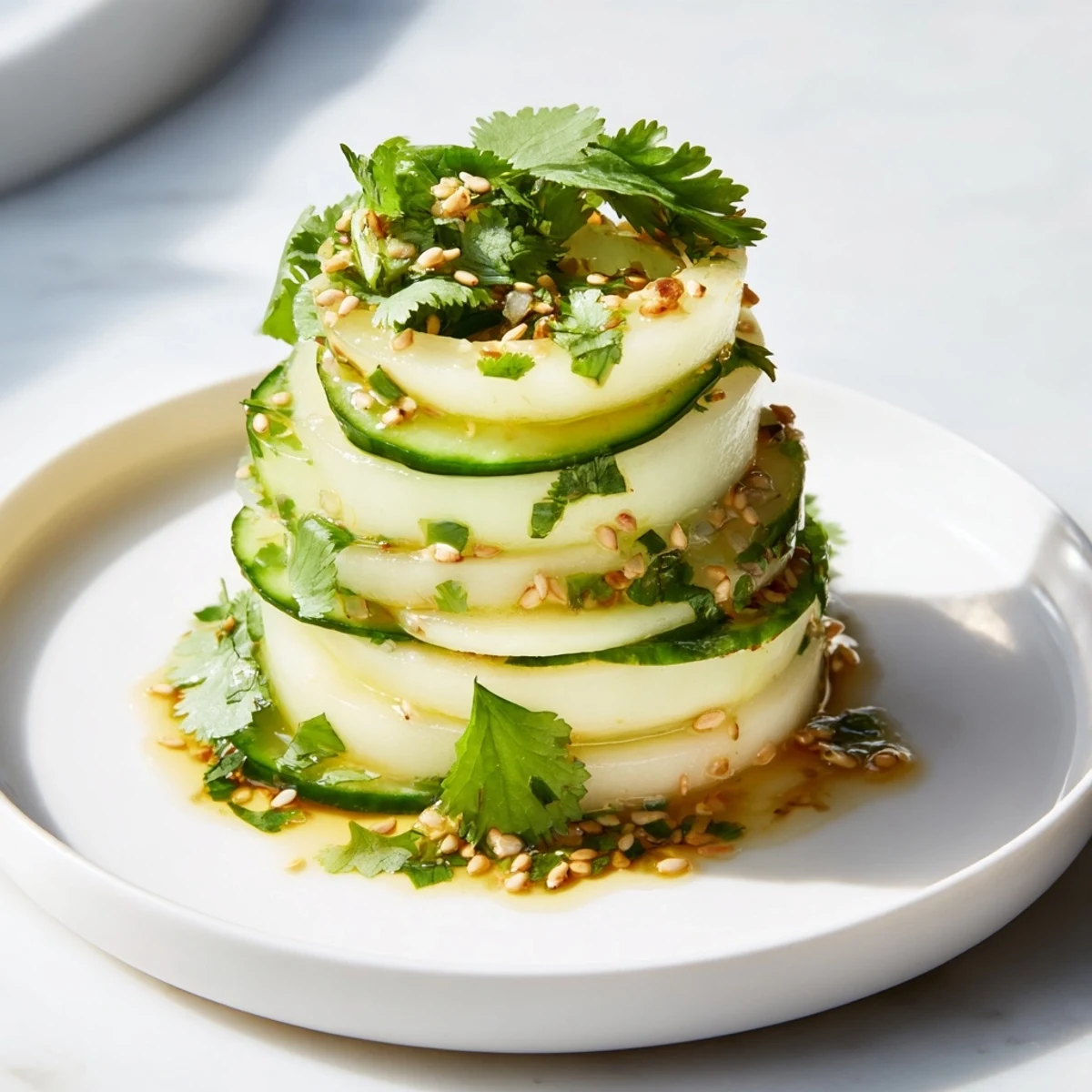 Visualize layered jicama and cucumber slice stack with vibrant green cilantro and sesame seeds.