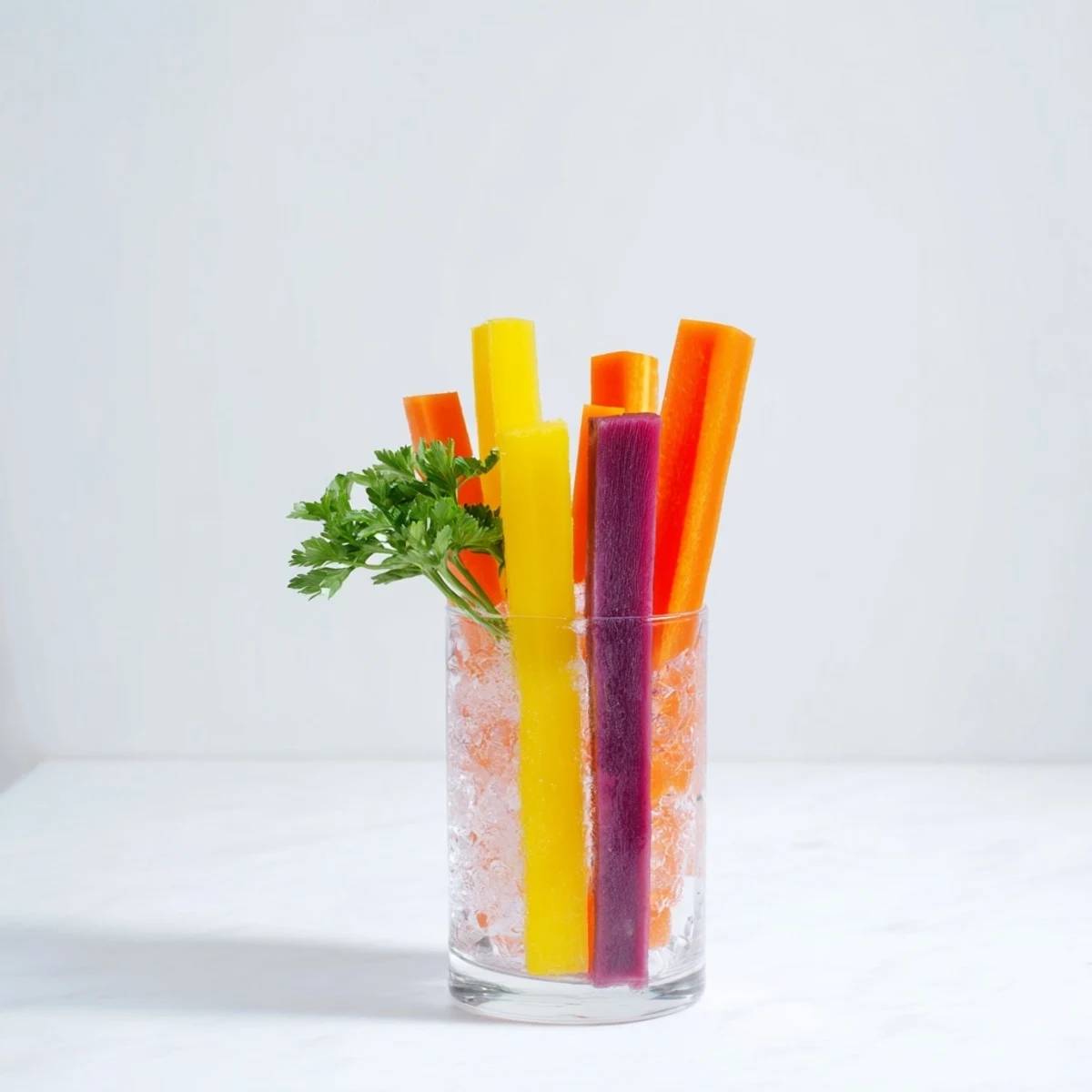 Rainbow carrot sticks, a colorful and healthy crudités appetizer, served chilled in tall glasses.