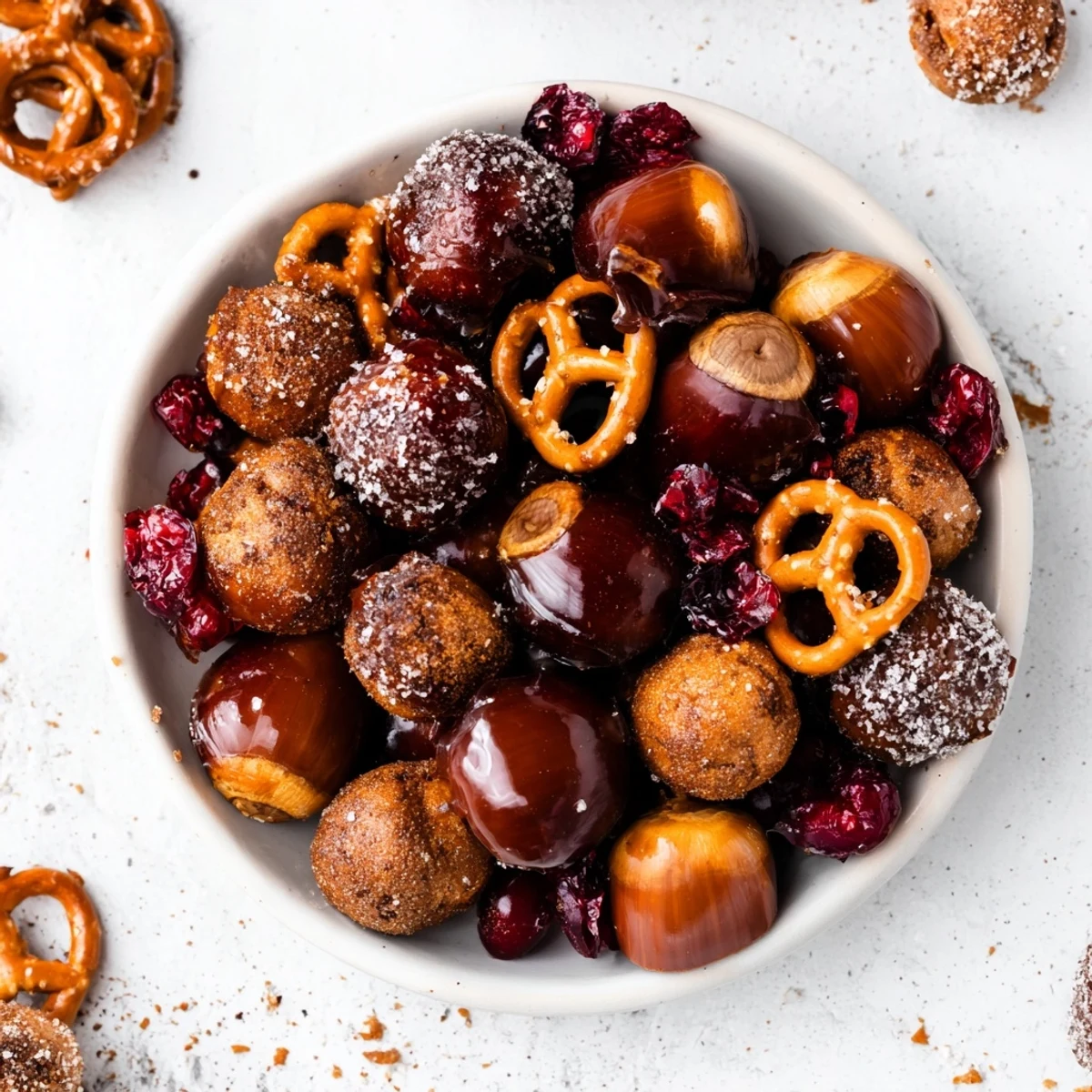 Golden, crunchy sweet and salty holiday nut bowl, a perfect party snack with cranberries.