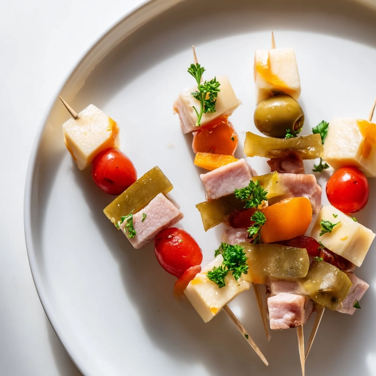 Savory Skewers appetizer: a close-up of colorful meat, cheese, and pickle cubes on skewers.