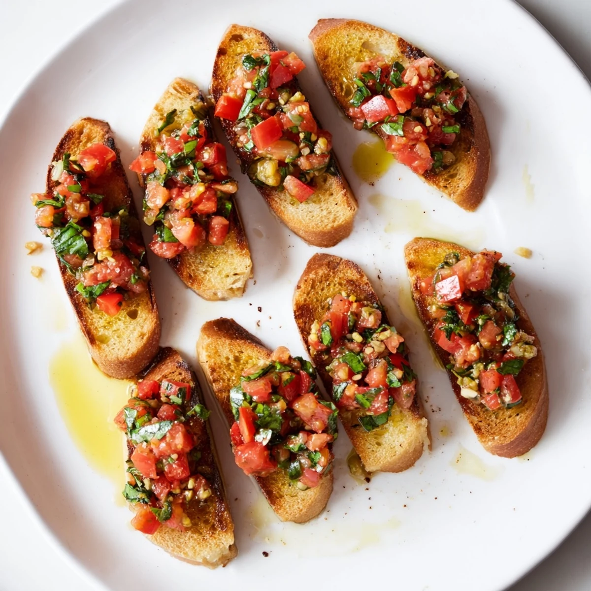 A diagonal display of summer-fresh Bruschetta toasts drizzled with olive oil, perfect for sharing.