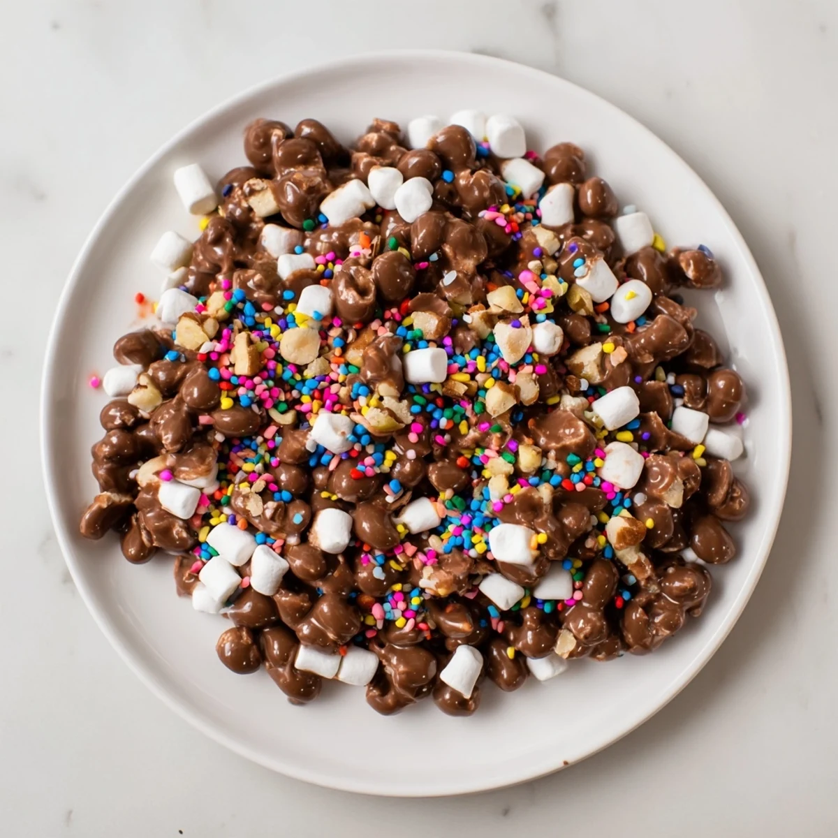 A close-up of a delightful Quick Dessert: Chocolate Chips and Mini Marshmallows Heap, melted and appealing, ready in minutes.