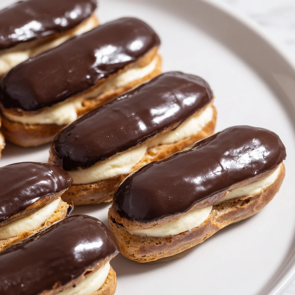 Shiny chocolate glaze topping freshly filled mini chocolate éclairs, a perfect French pastry.