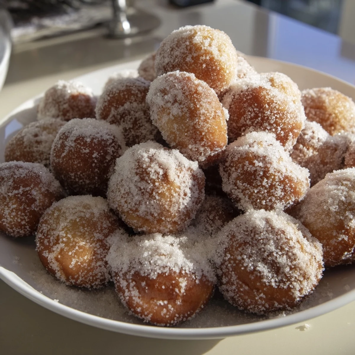 Towering powdered donut holes mountain, a delightful, sweet dessert perfect for sharing with family and friends.