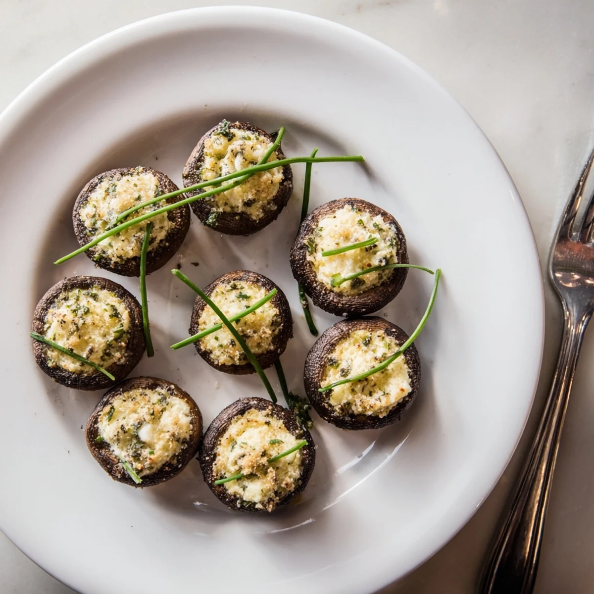A close-up of savory Stuffed Mushroom Caps, overflowing with cheese and herbs, ready to bake.