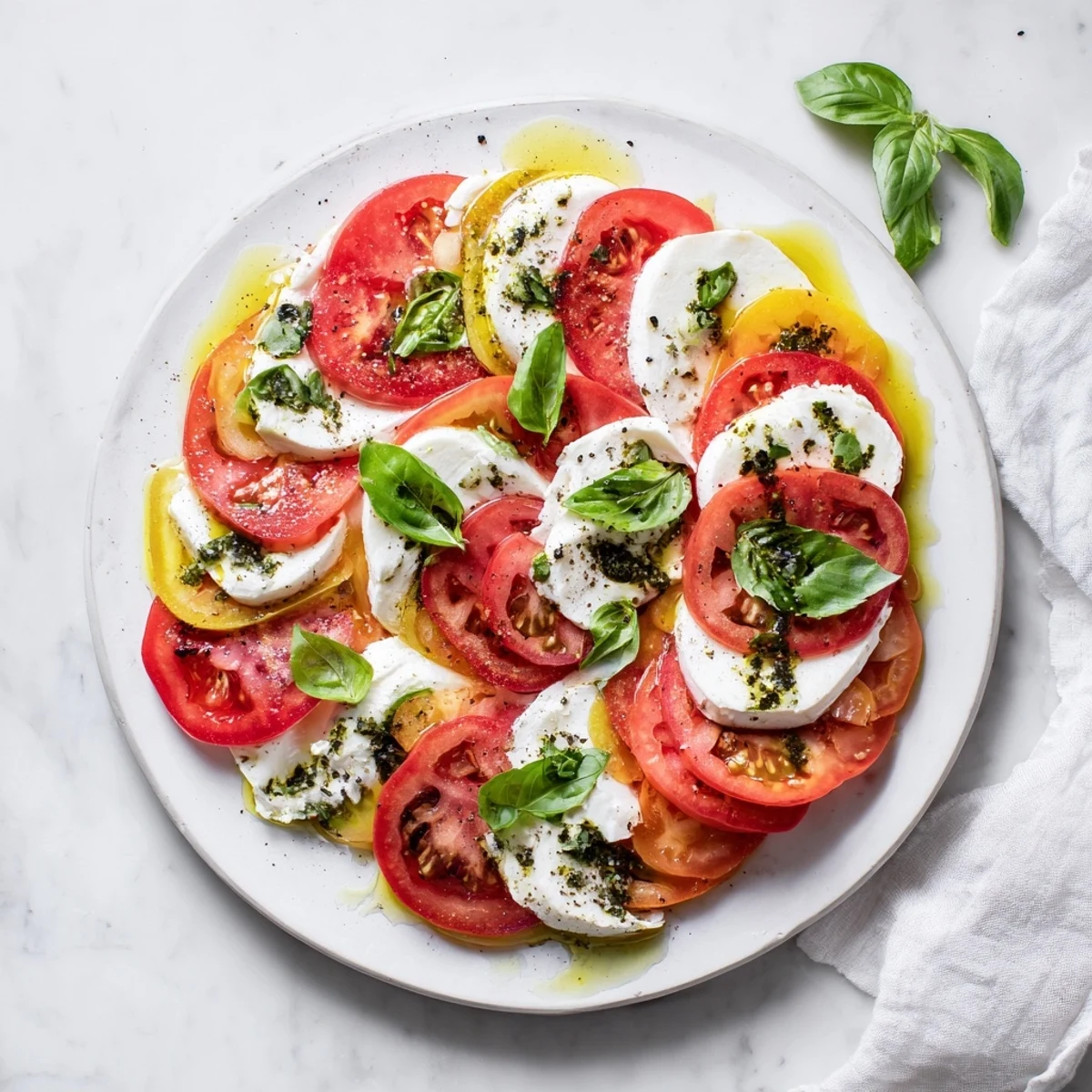 Fresh, vibrant sliced tomatoes and mozzarella rounds, simply drizzled with olive oil and basil for a light Italian appetizer.