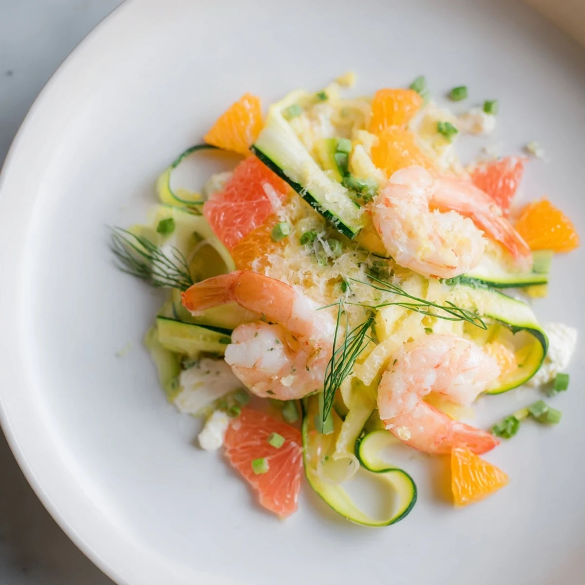 Glistening pink shrimp and bright citrus compose an artful The Coral Reef dish, ready to serve.