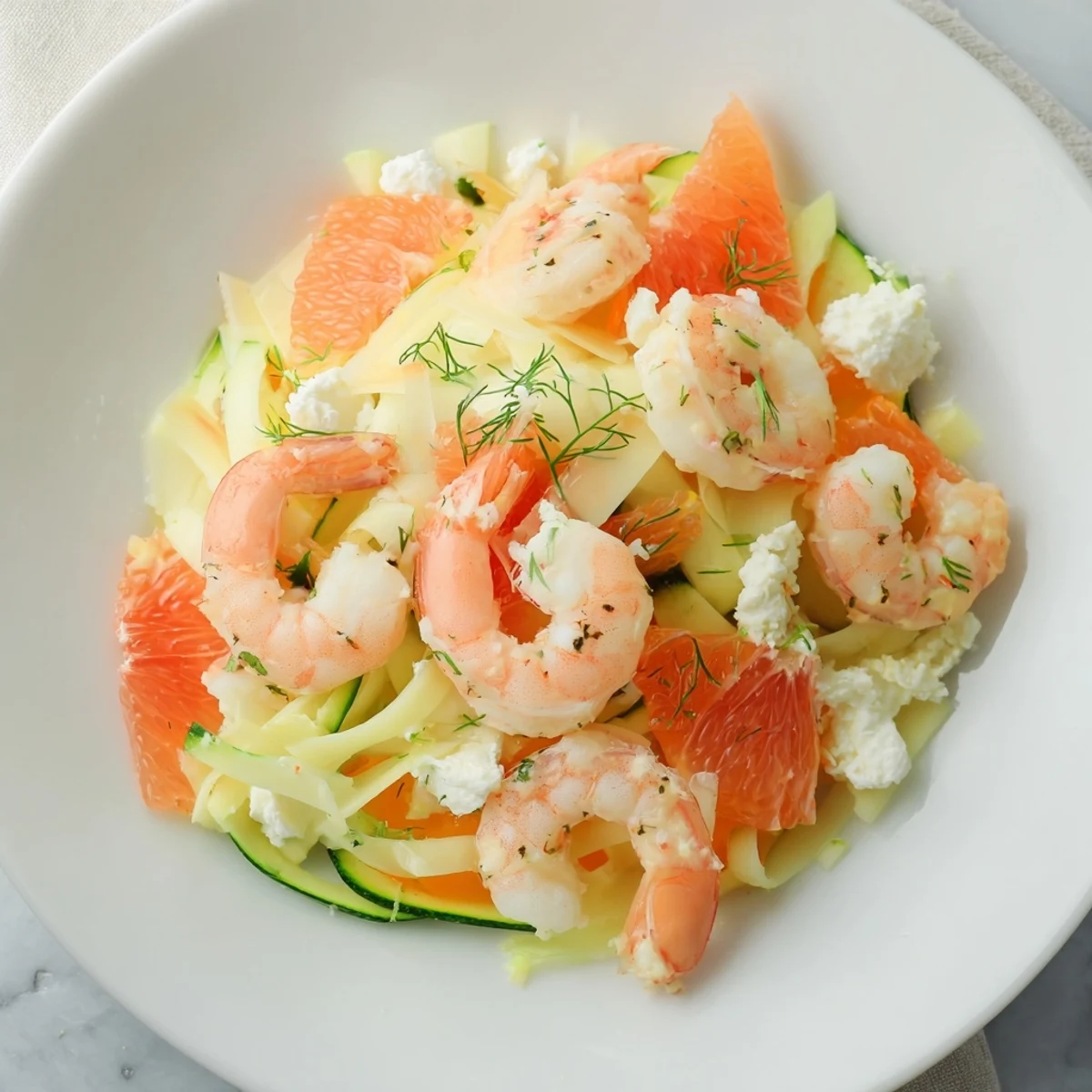 A colorful The Coral Reef displays juicy shrimp nestled amongst citrus, bubbly Gruyère, and fresh herbs.