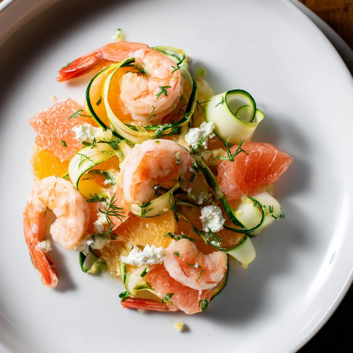 Vibrant The Coral Reef recipe features perfectly cooked shrimp with citrus segments and Gruyère cheese melting.