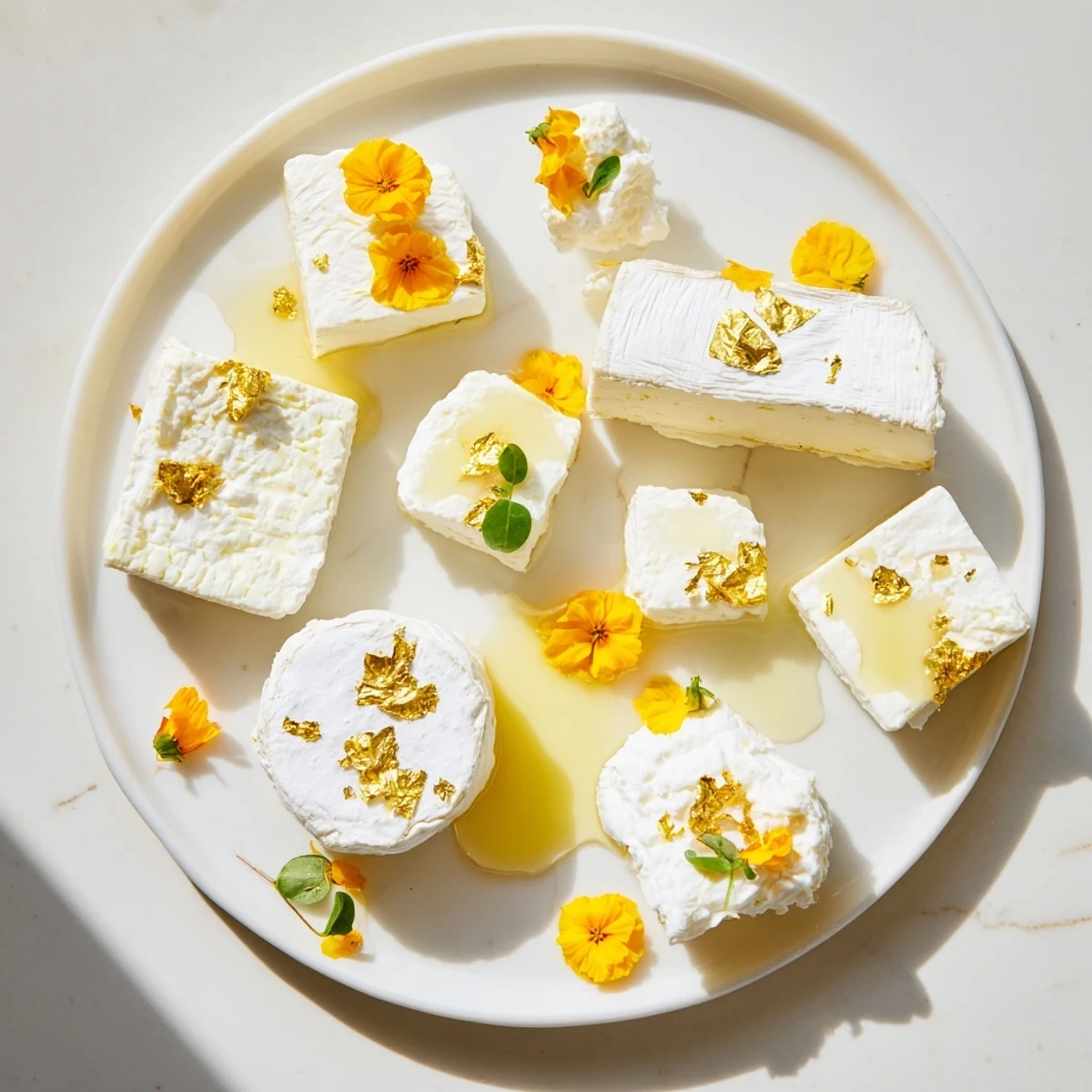 The Gilded Lily cheese platter, adorned with gold and yellow flowers, perfect for entertaining.