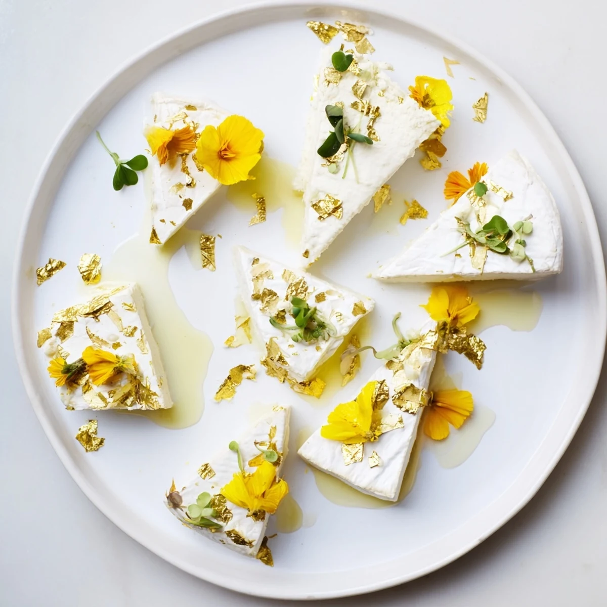 A decadent The Gilded Lily cheese board, showcasing creamy cheeses with edible gold leaf accents.
