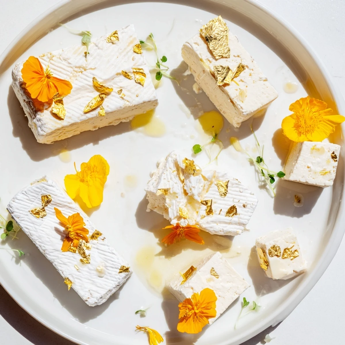 Imagine the elegant The Gilded Lily, a cheese selection beautifully decorated with flower petals and gold.