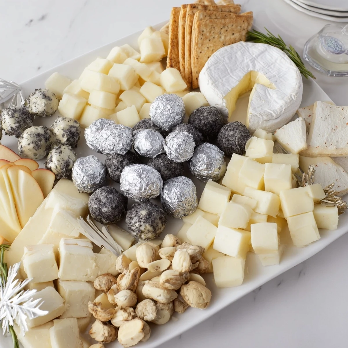 Elegant The Silver Screen cheese board, featuring truffle brie, chocolates, and grapes, perfect for movie night.