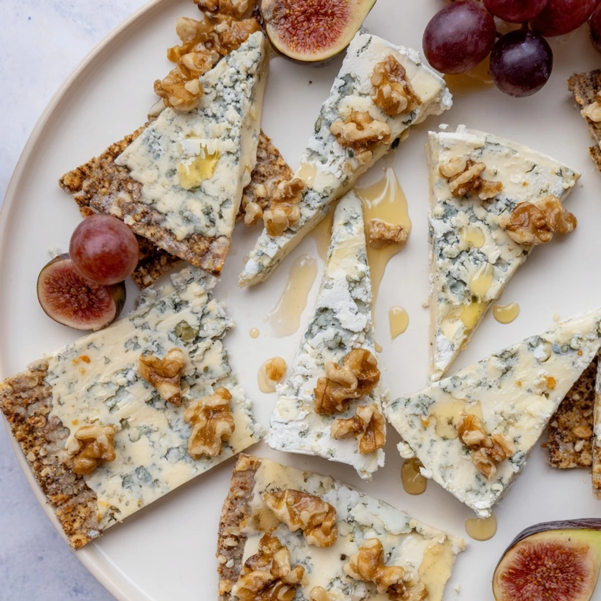 Blue Ridge Mountains cheese platter: a stunning arrangement of blue cheeses and crackers, ready to enjoy.