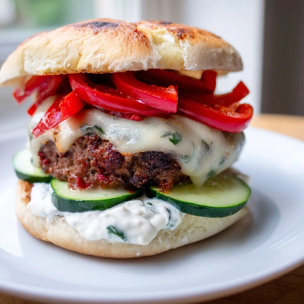 The Fire & Ice Burger, a sizzling patty with melted cheese, vibrant veggies, and cooling yogurt.