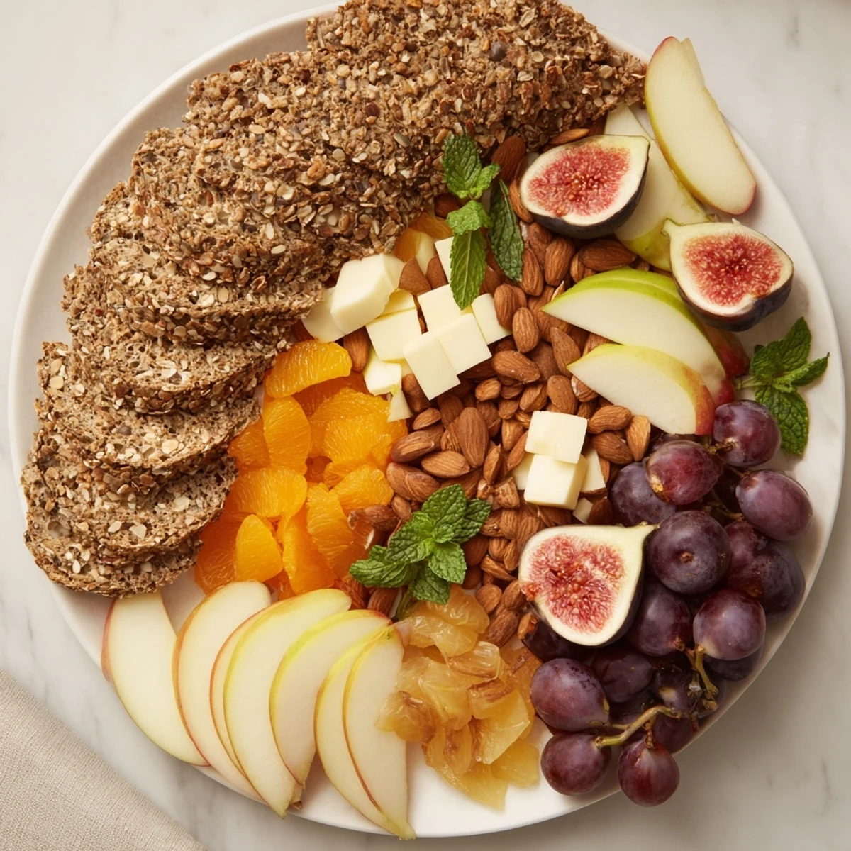 The Harvest Scythe bread and fruit platter, overflowing with fresh breads, ripe fruit, and cheeses.