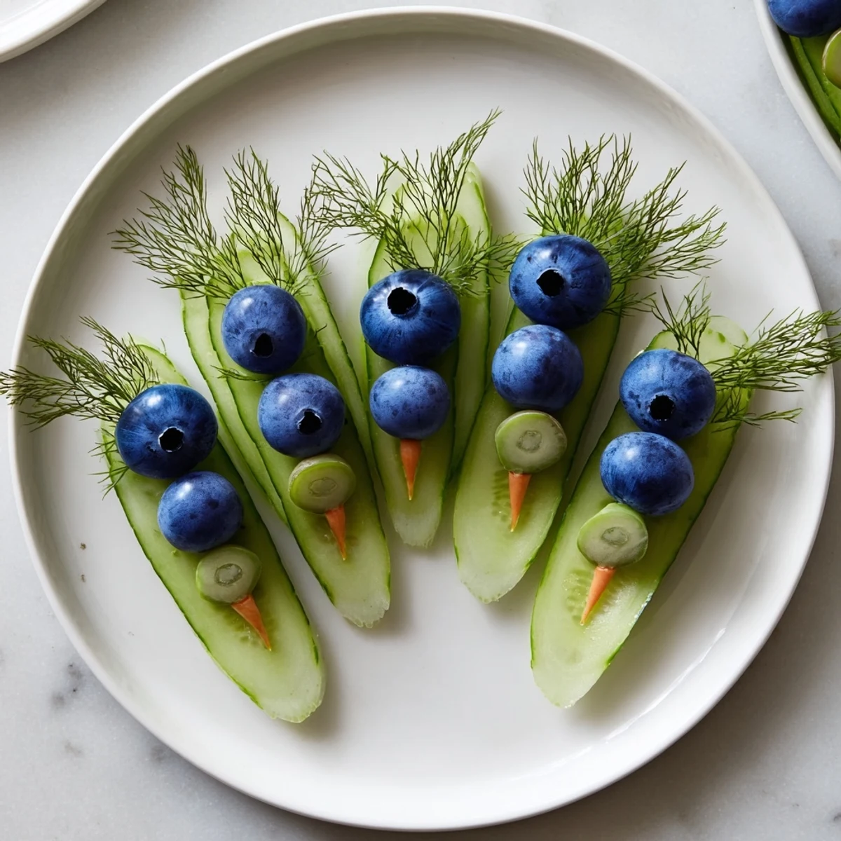 Vibrant Peacock Tail appetizer, boasting fresh cucumber and grape slices for a beautiful, edible display.