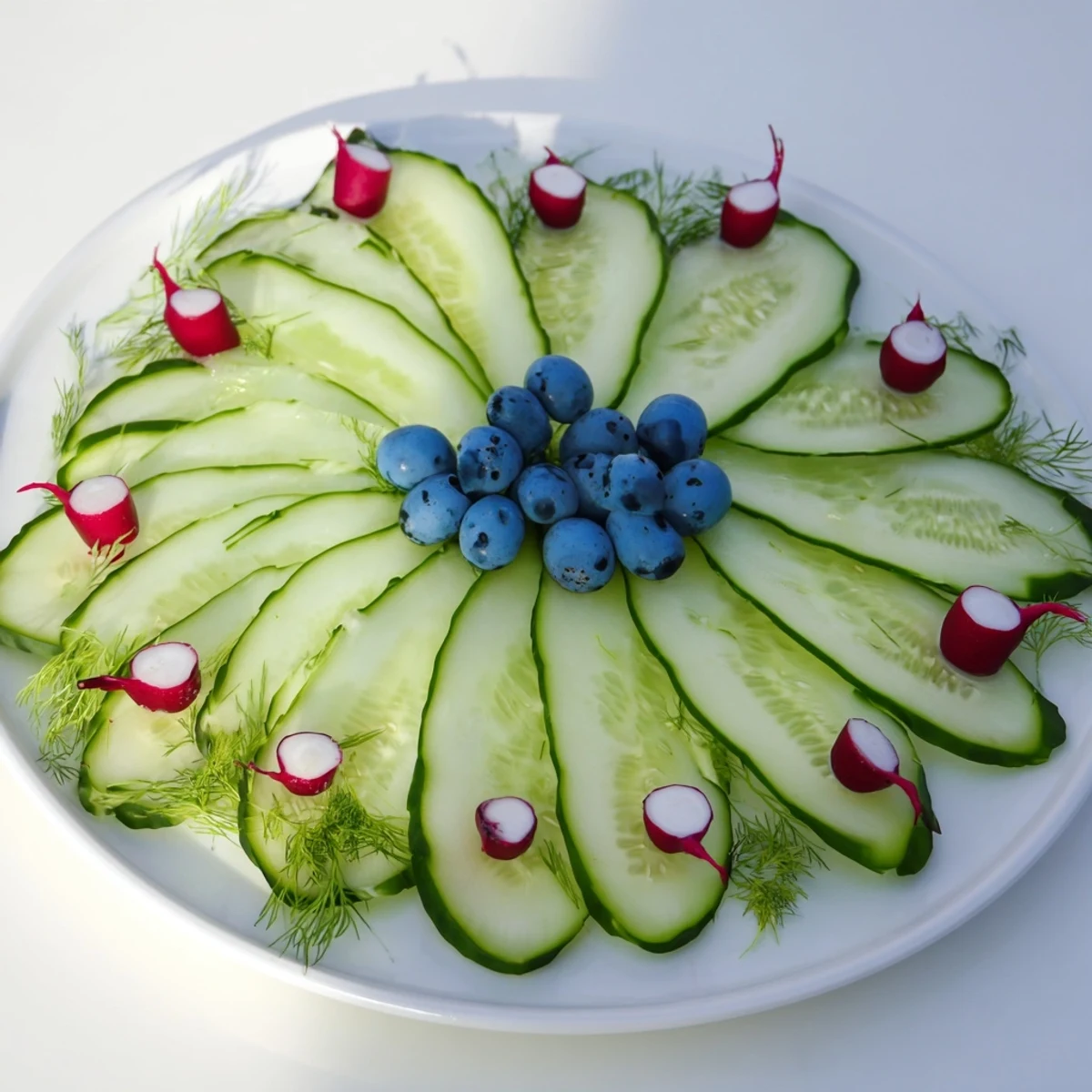 See a refreshing Peacock Tail, an easy-to-make platter with crisp cucumbers, radishes, and juicy grapes.