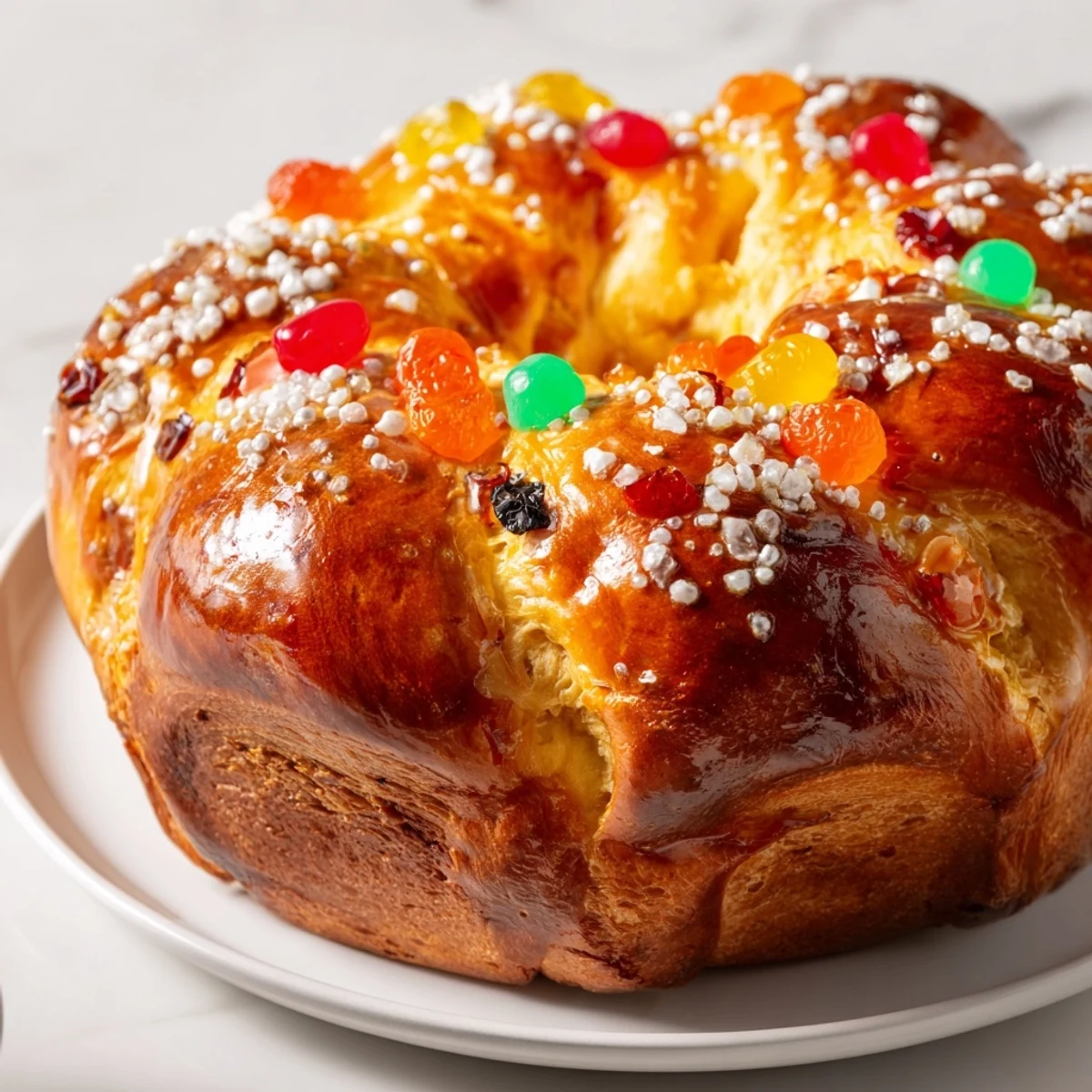 Warm, golden-brown Couronne de Roi Bijoux Sucrés, studded with jewel-toned candied fruits, ready to be sliced.