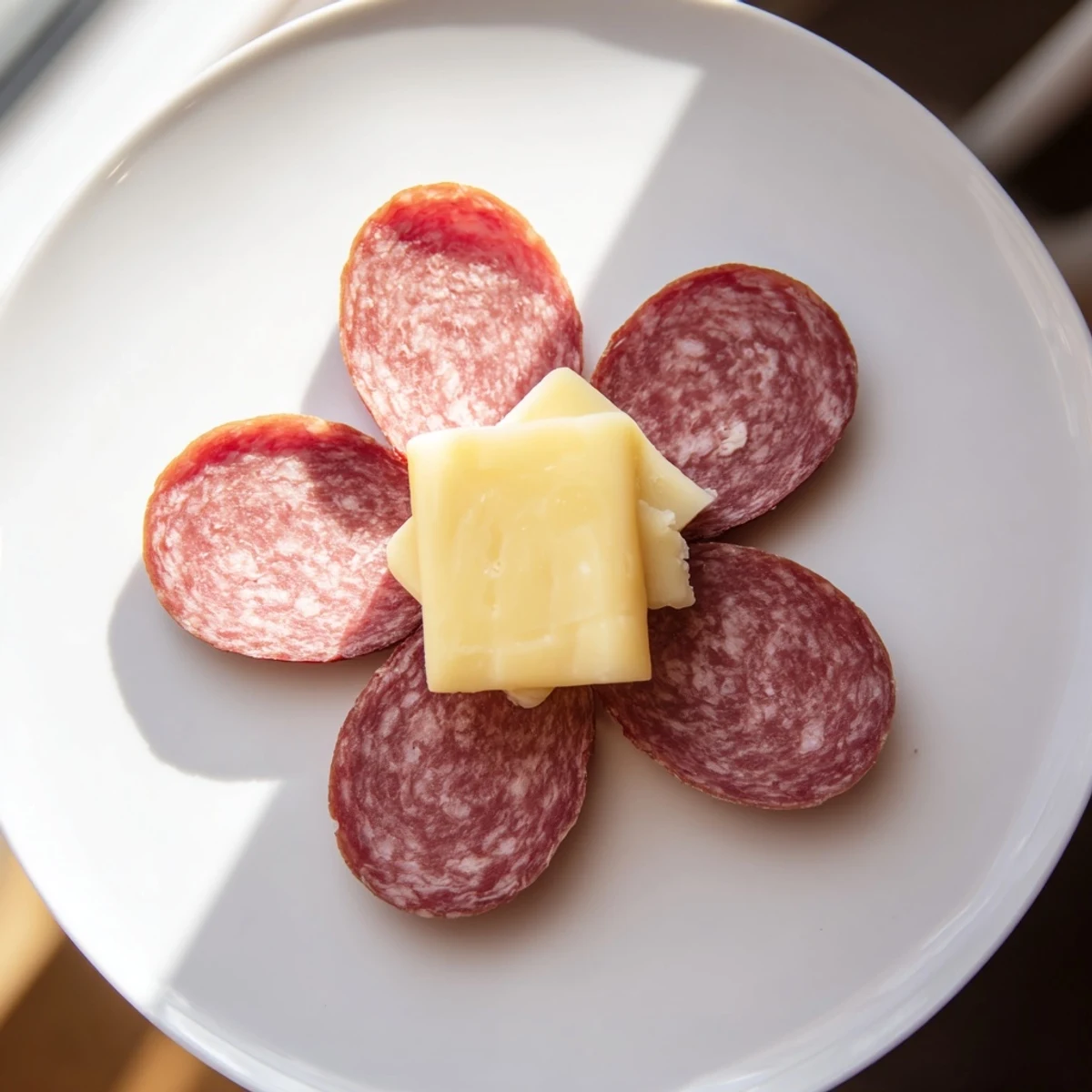Delectable and easy Tudor Rose appetizer featuring overlapping salami slices and a cheese center.