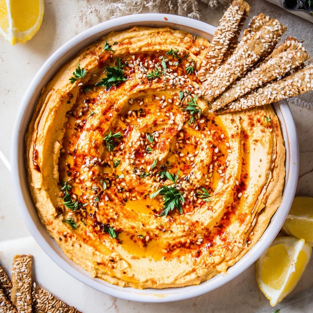 Visualize the Sandstone Canyon appetizer: an eye-catching platter of hummus and crackers with a Mediterranean flair.
