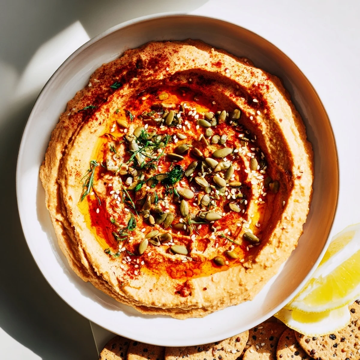 Enjoy a layered Sandstone Canyon appetizer: savory hummus and cracker "canyon" with fresh parsley and sesame seeds.