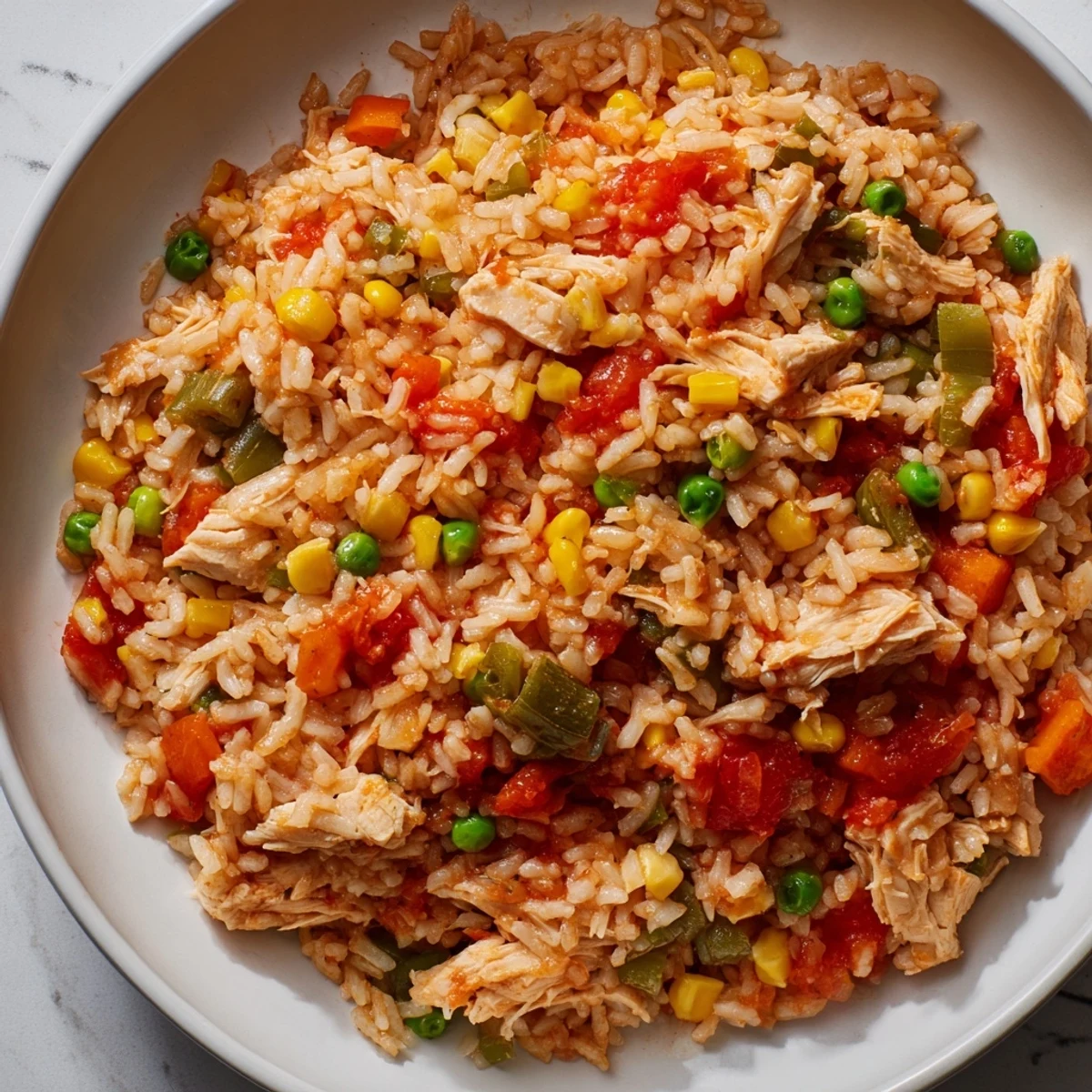 Golden, steaming One-Pot Chicken and Rice, with fluffy rice and tender chicken visible in the pot.