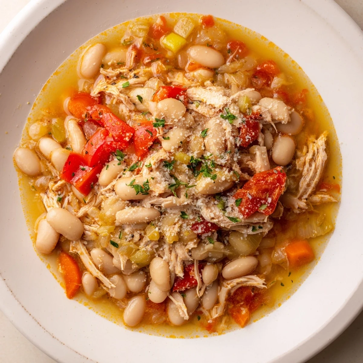 A steamy bowl of White Bean and Roasted Red Pepper Chicken, garnished with fresh parsley.