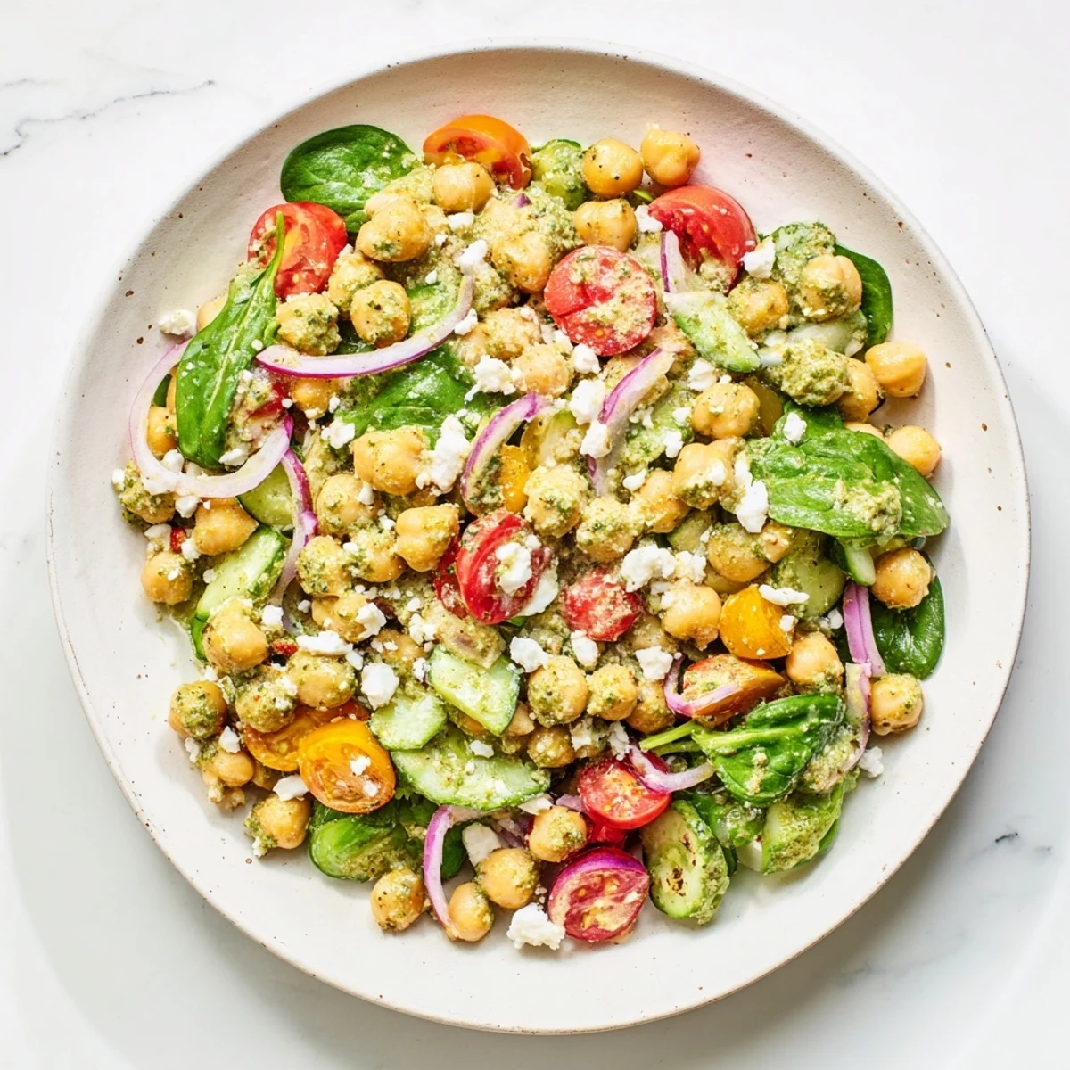 Fresh pesto chickpea and spinach salad, a colorful vegetarian meal with vibrant green pesto dressing.