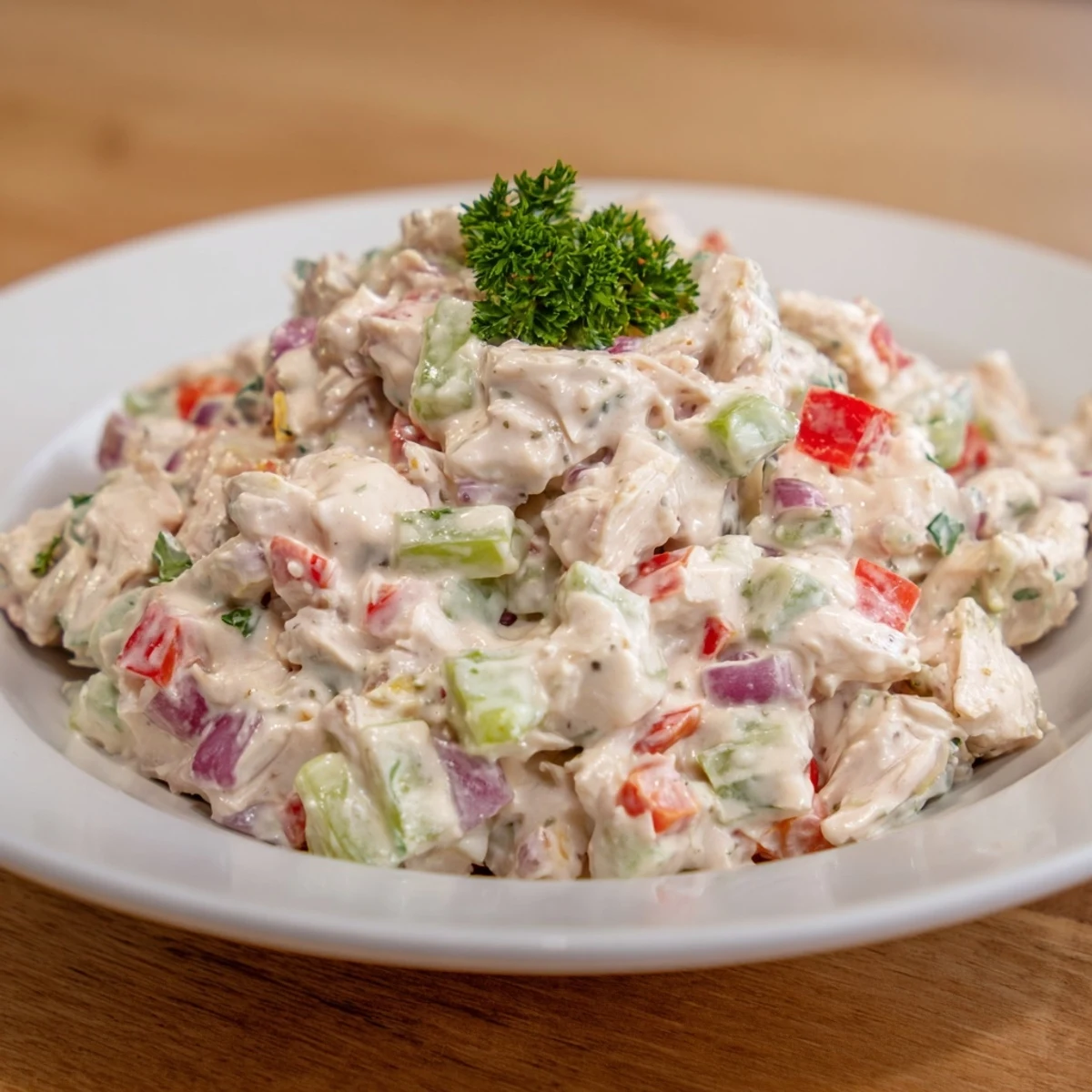A close-up of a bowl of Canned Chicken Salad with Mrs. Dash, fresh and delicious looking.