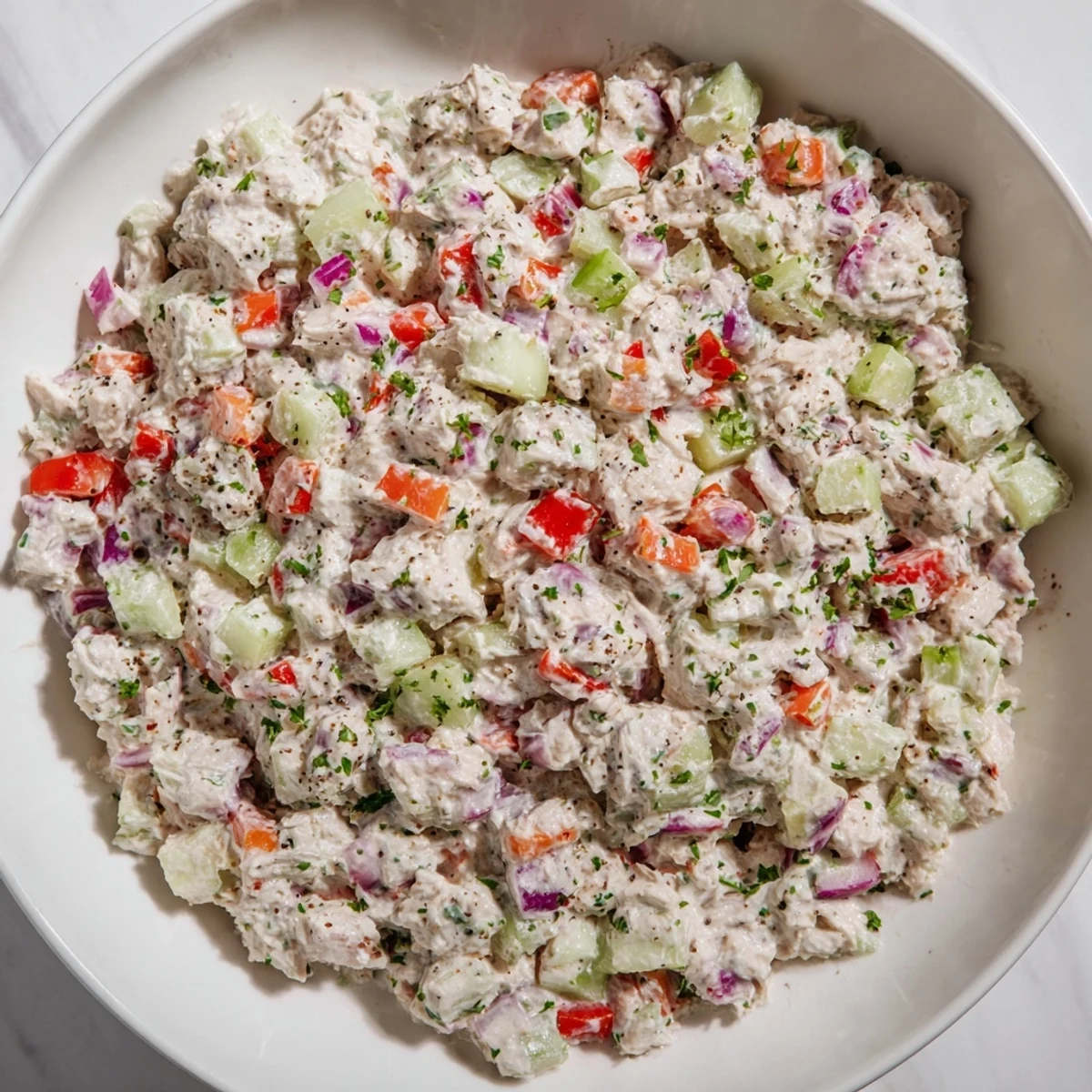 Creamy canned chicken salad with vibrant red peppers, ready to serve on crackers.