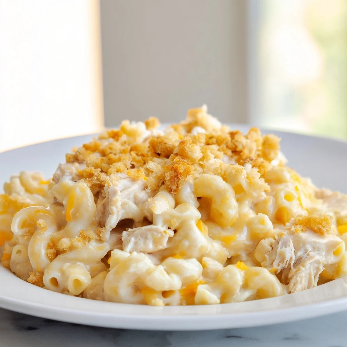 Creamy homemade cheese covers tender macaroni and flaky chicken in this easy Struggle Meal Chicken Macaroni recipe.