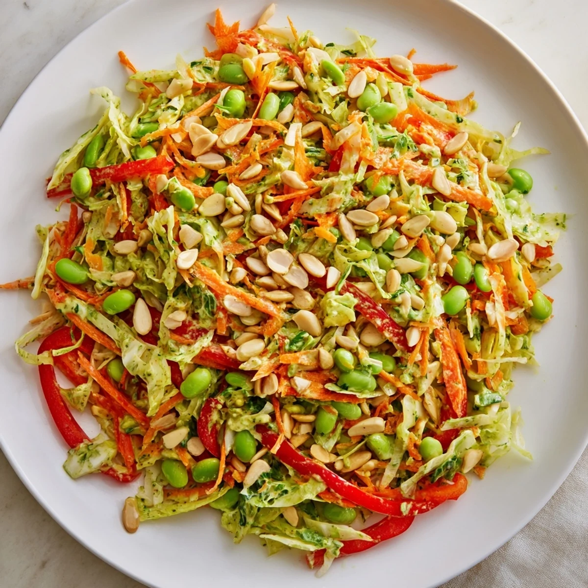 Close-up of a colorful bowl of Crunchy Cabbage and Edamame Salad, perfect for a light lunch.