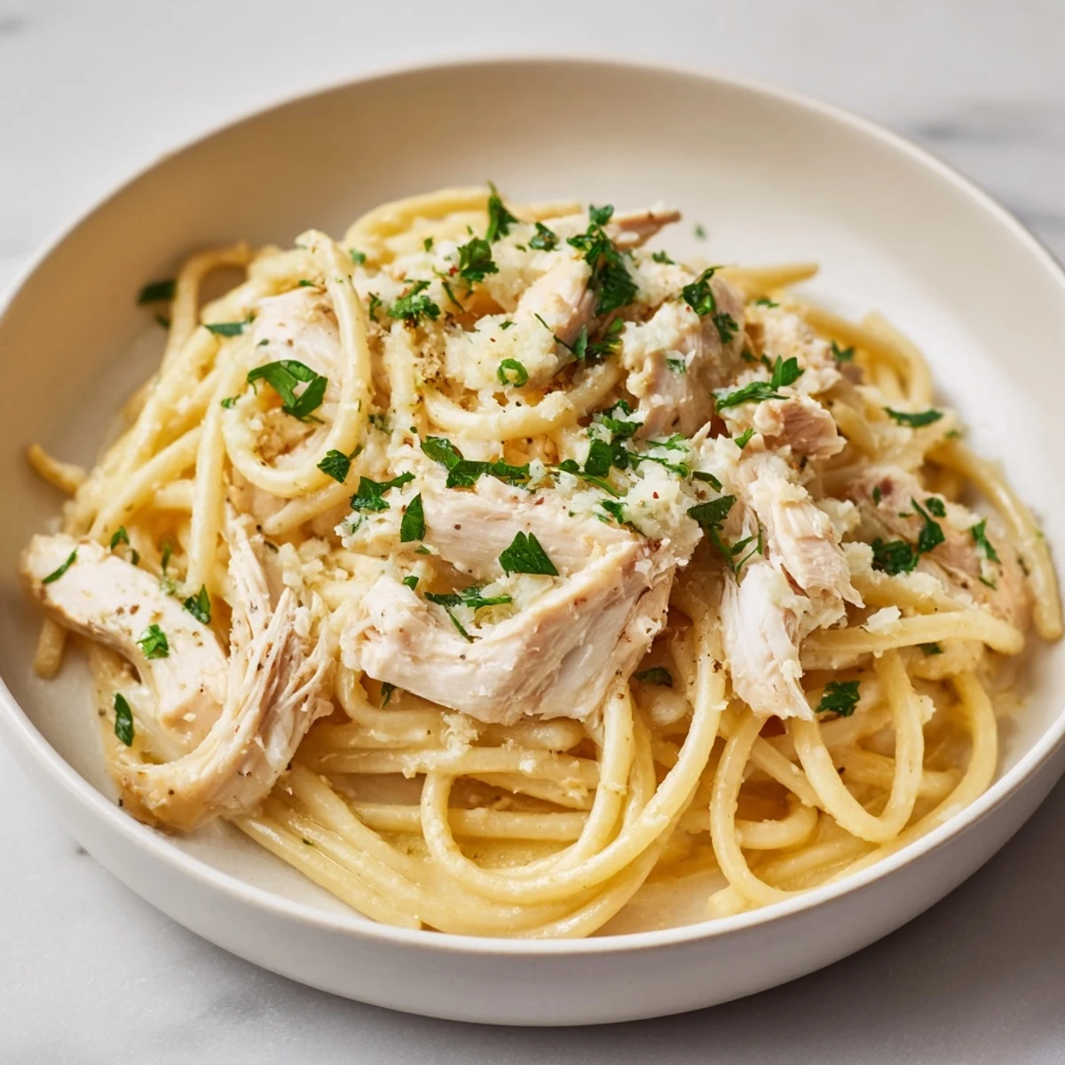 Simple Garlic Butter Bucatini with tender chicken and buttery sauce, ready to serve and enjoy.