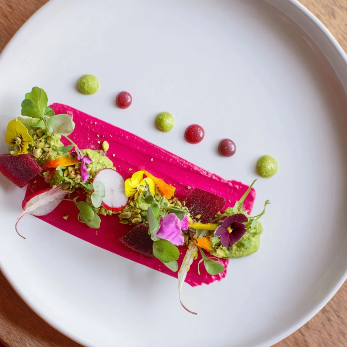 A visually stunning Modernist Stripe: vibrant beet purée with carrot stripes and a creamy avocado swirl.